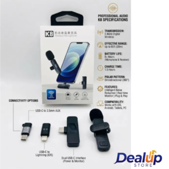 Original K8 Wireless Microphone Plug and Play Lavalier Lapel Mic with Type C and iPhone iOS Adapters
